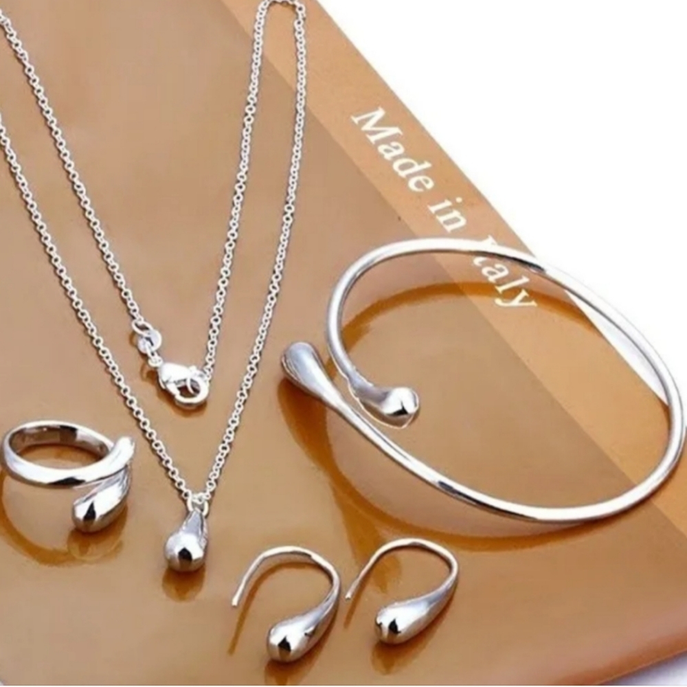 925 Sterling Silver Waterdrop Jewelry Set Bracelet Necklace Earrings Ring